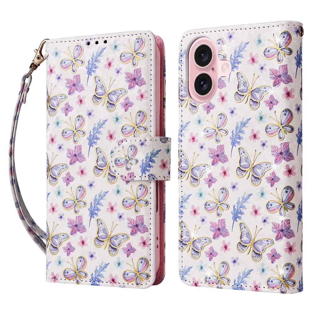 

For iPhone 17 Case RFID Blocking Flower Leather Phone Cover with Wrist Strap Butterfly Flower
