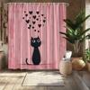 Black Cat Shower Curtain - Cute Wide-Eyed Cat & Floating Hearts on Pink,  12 Hooks, Playful Bath Decor