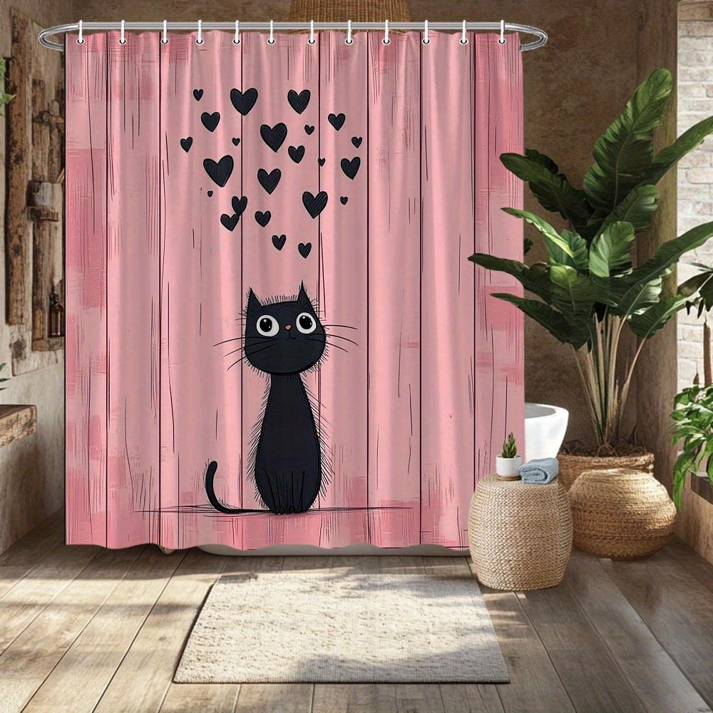 Black Cat Shower Curtain - Cute Wide-Eyed Cat & Floating Hearts on Pink, 12 Hooks, Playful Bath Decor