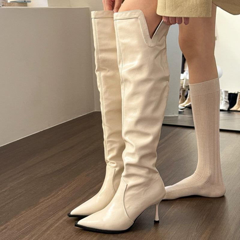 Dámské vysoké podpatky Nad koleno Vysoké kozačky Sexy špičaté kožené boty Žena Zima 2025 Trend Nové gotické jehlové podpatky Botas Mujer