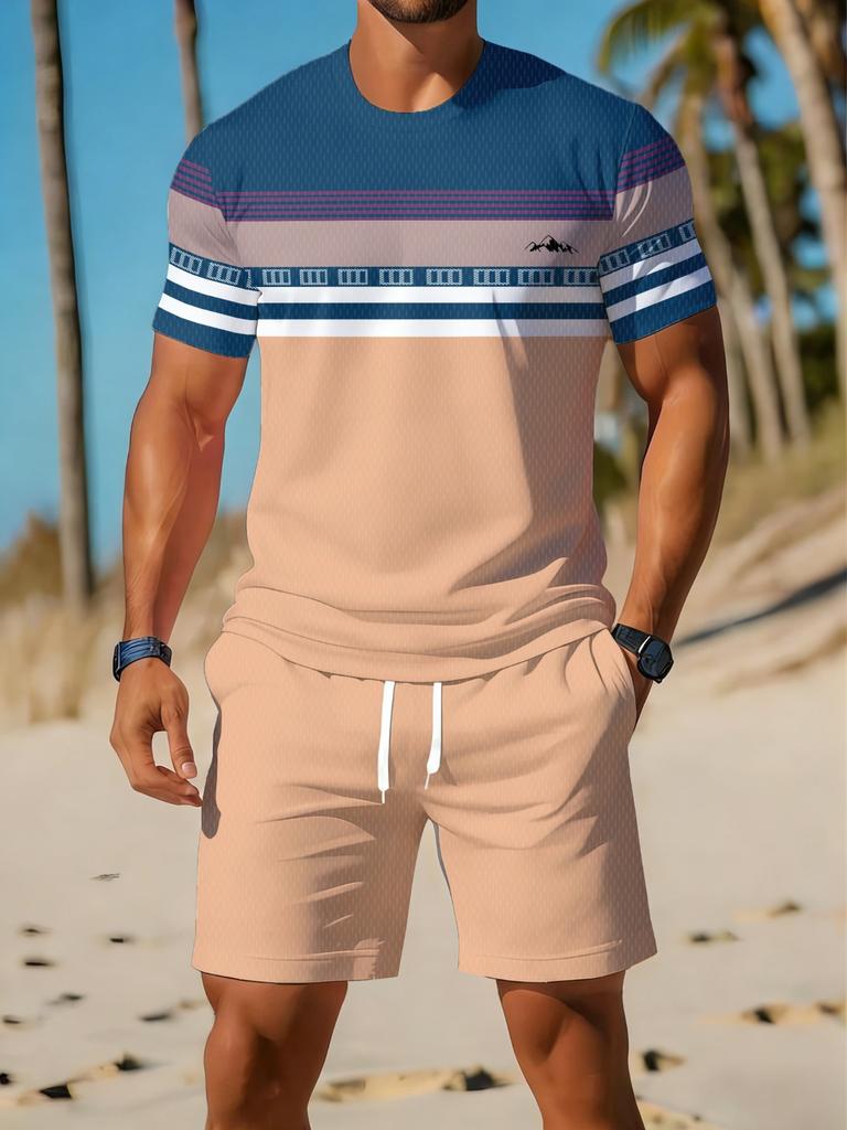 Sommer Neu Herren Kurzarm Shorts Set - Street Casual Mode Bequem Weich Atmungsaktiv 3D Streifen Muster Druck