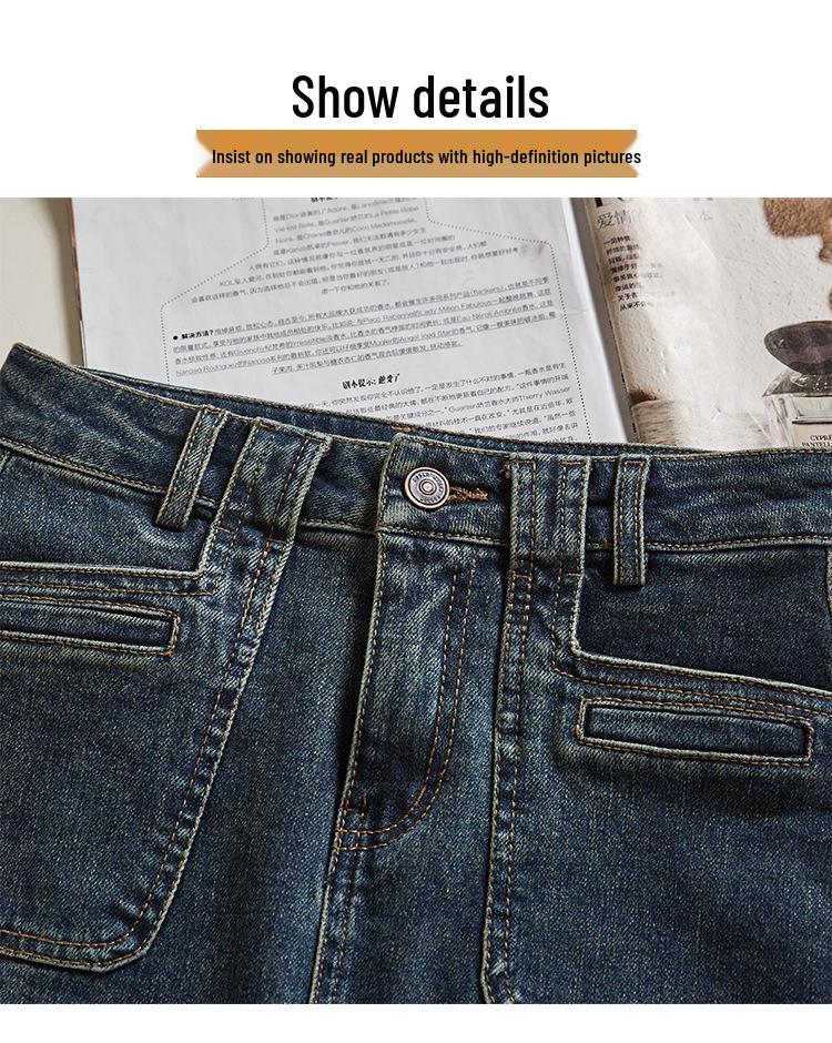 Women's Retro High-Waisted A-Line Denim Skirt - Mid-Length, Slit, Hip-Hugging for Petite Girls - Spring/Autumn Style