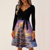 Women's Casual Fashion V Neck Long Sleeve Christmas Printed Party Vintage Long Dresses
