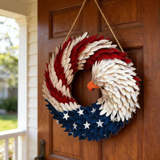 Eagle Flag Wreath Door Sign Patriotic Wooden Door Hanging Sign 4th of July Independence Day Veterans Day Door Hanger Decoration