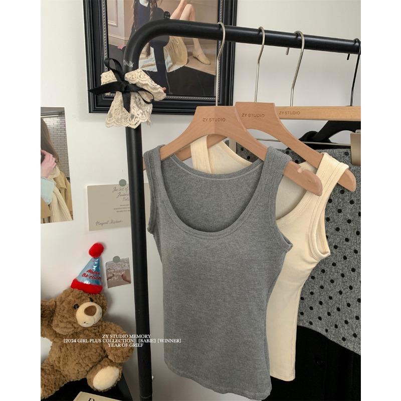 New Autumn and Winter Sleeveless Large Round Neck Human Cotton Ground Velvet Vest with Chest Pad Bottoms Solid Color All Matching Slimming