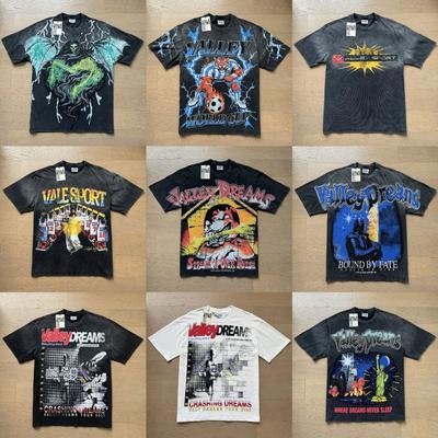 Mens Streetwear V-Neck Cotton Tee With Abstract Print Loose Fit Casual T-Shirt