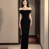 Mm French Chic and Beautiful Hip Skirt Women's Summer New Imperial Sister Short-sleeved Black One-word Shoulder Dress