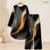 Women Plus Size Two Piece Set Round Neck Long Sleeve Printed High Low Top Wide Leg Pants Black Red White
