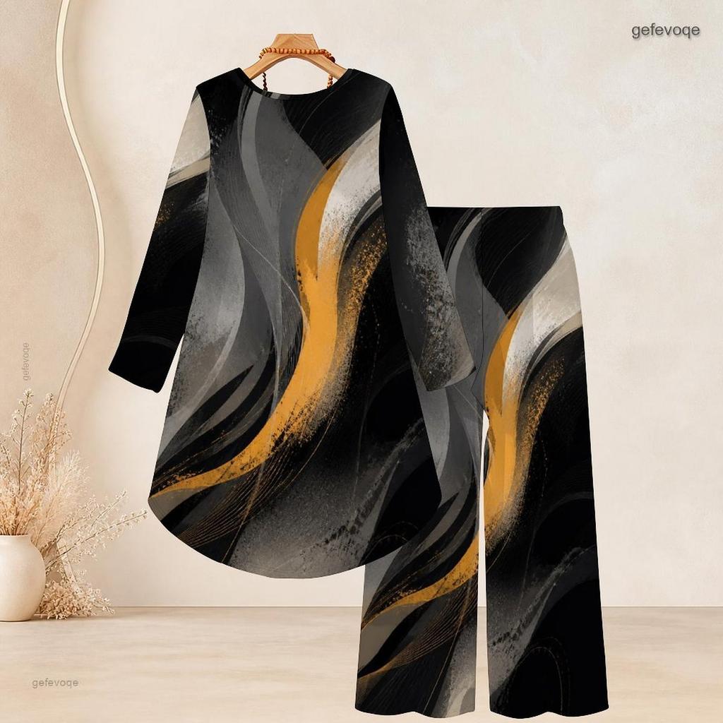 Women Plus Size Two Piece Set Round Neck Long Sleeve Printed High Low Top Wide Leg Pants Black Red White