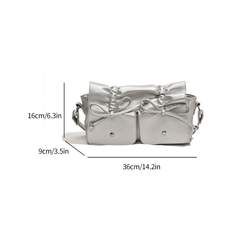 Womens Aesthetic PU Leather Underarm Bag Pleated Sweet Bowknot Shoulder Crossbody Bag Adjustable Armpit Handbag Purse