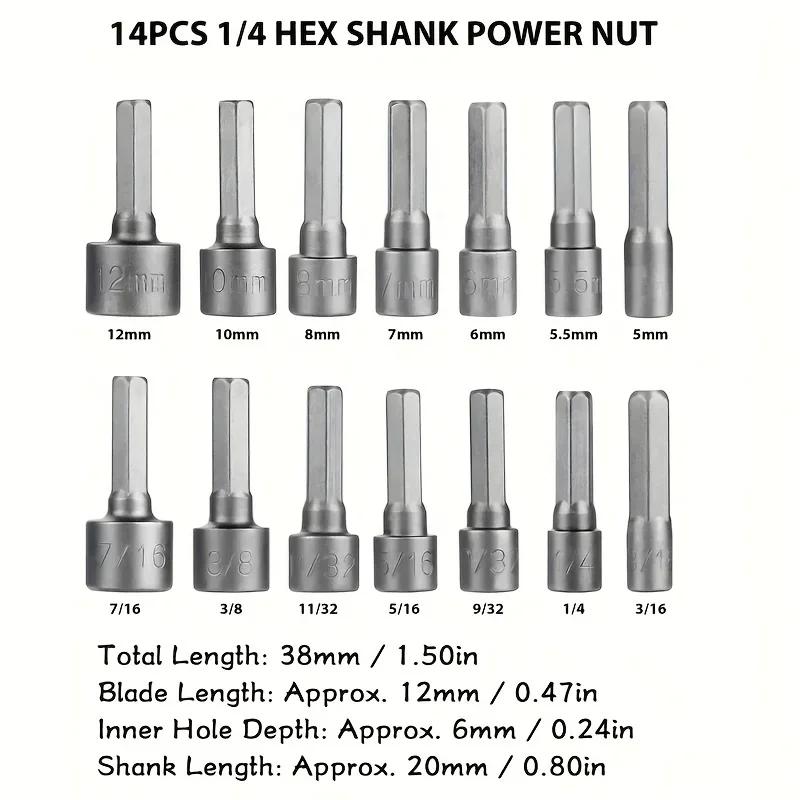 14 - Piece Magnetic Hex - Shank Screwdriver Socket Set with Extended Adapter, Polished Steel Nut Driver.