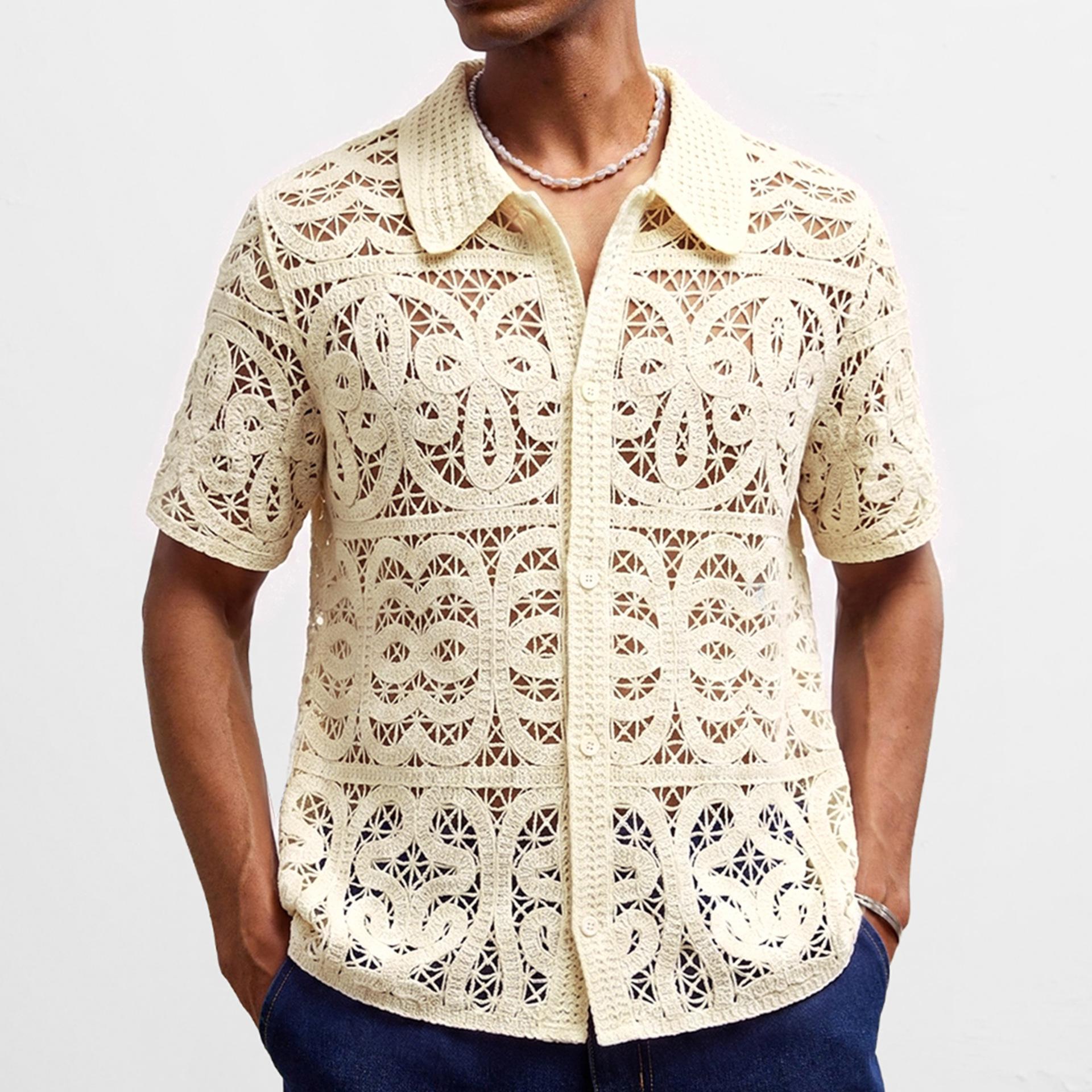 

Men s Casual Button Down Shirt Vintage Knitted Golf Beach Collared Shirts Tops Crochet Hollow Out Summer Vacation Top Knit Short Sleeve Shirt for Men 3XL