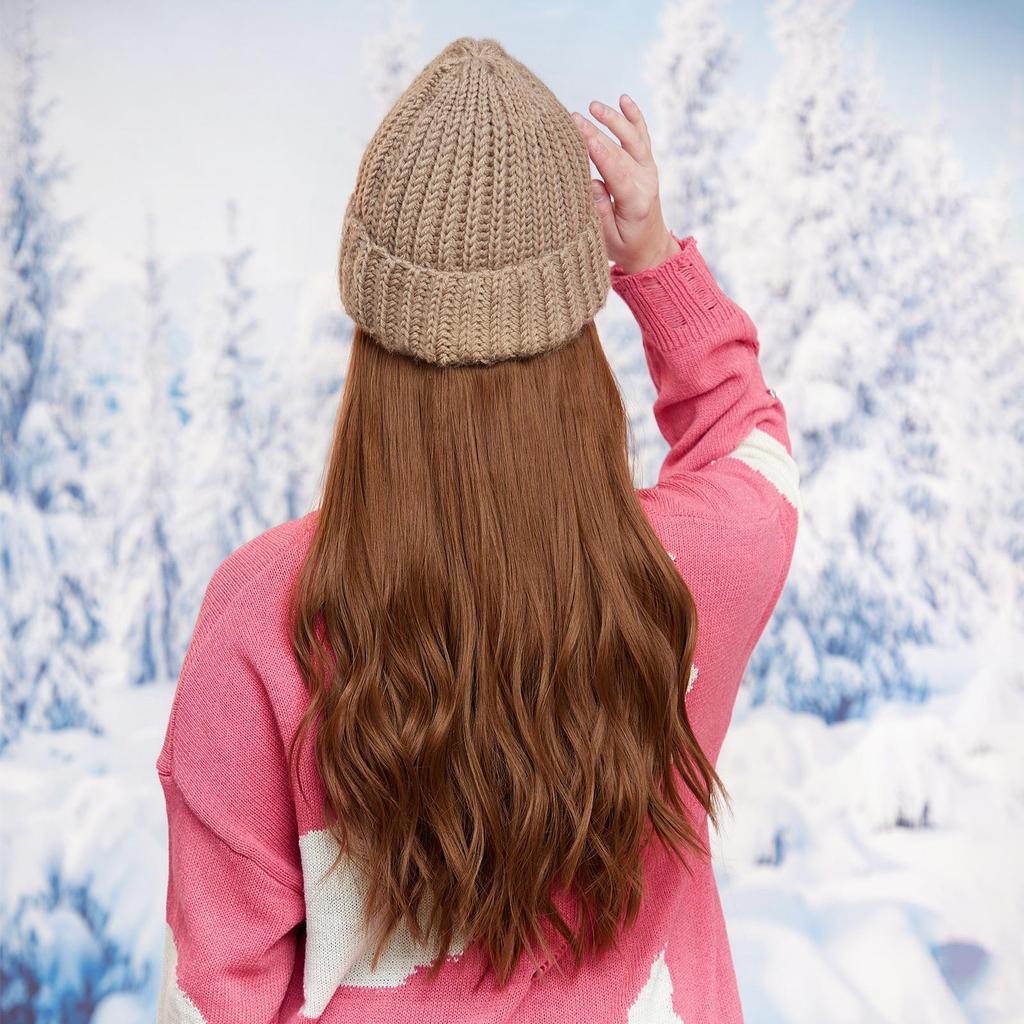 ALAN EATON Hut Perücken Kappe Lange braune gewellte Perücke Connect Winter Strickmütze Mütze Hitzebeständige Haarteile Haarverlängerungen