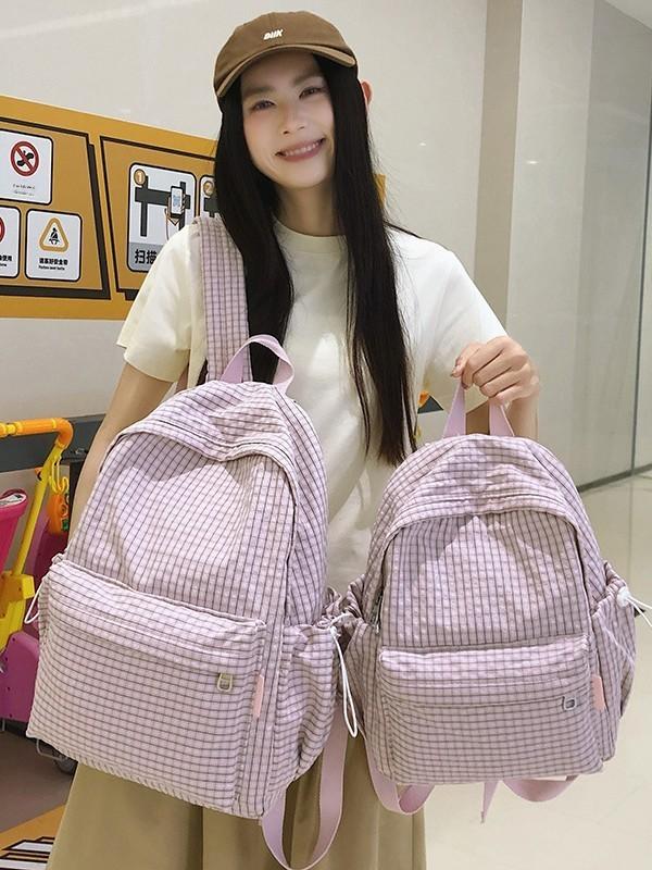 Schoolgirl Nylon Plaid Backpack With Fabric And Curved Shoulder Straps For High School Students