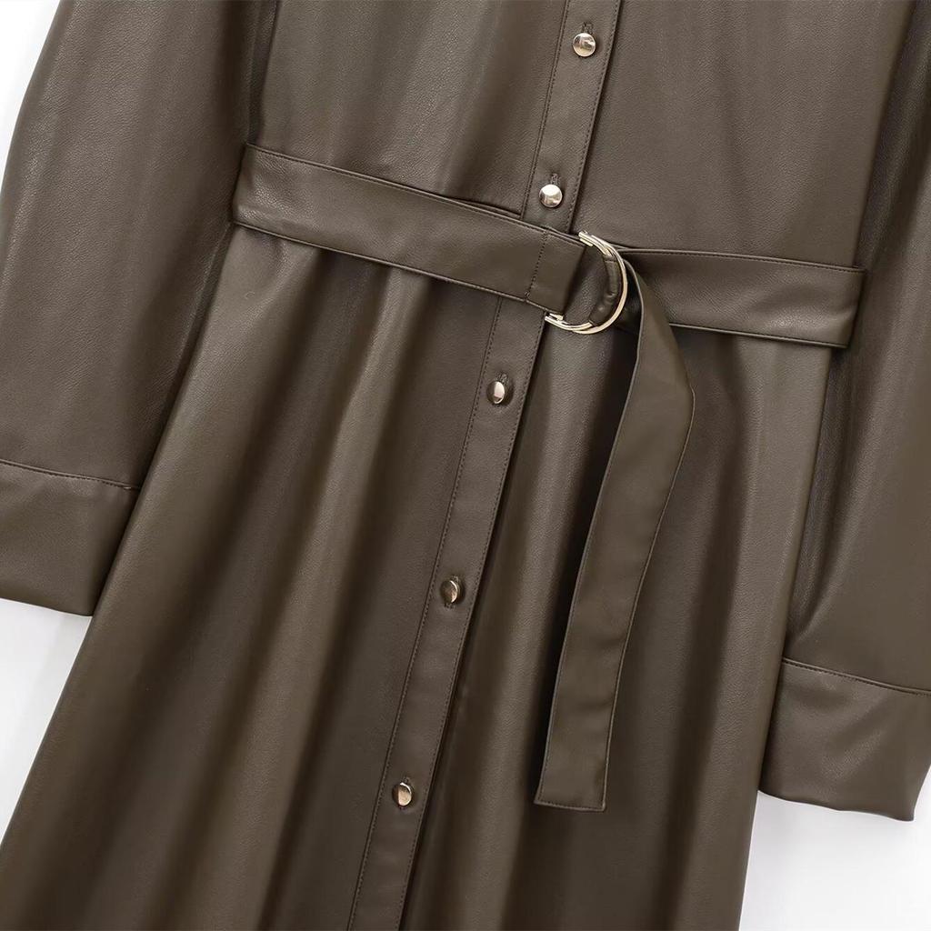 Spring 2025 Women's Slim Fit Faux Leather Belted Long Sleeve Dress