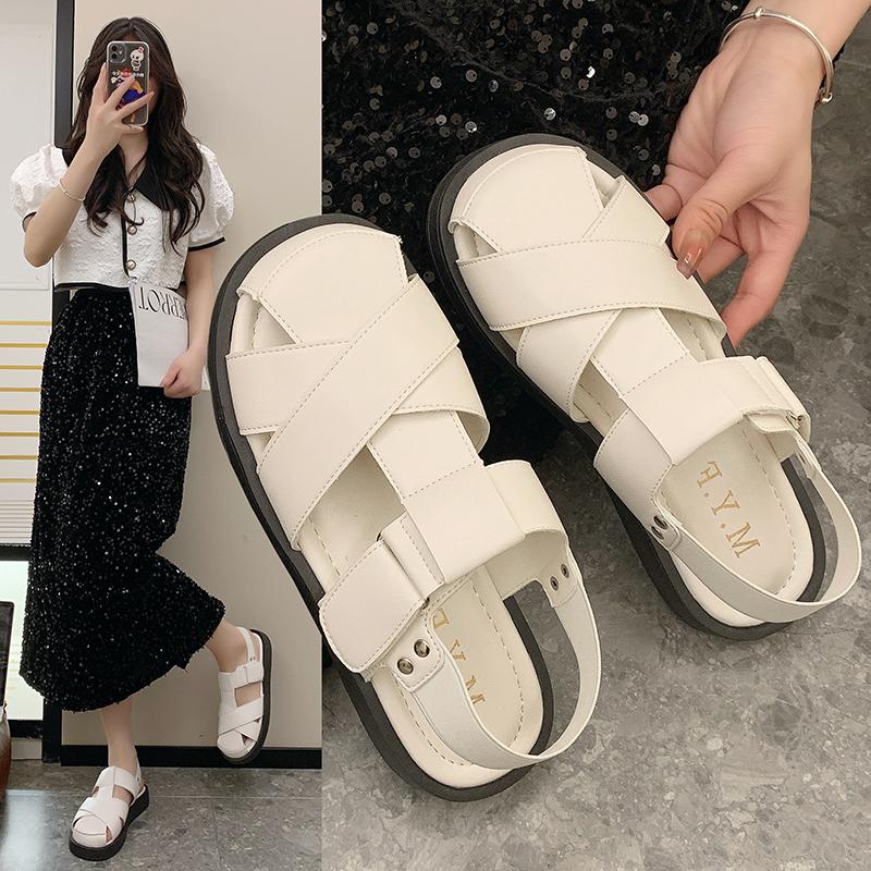 Women's Leather Muffin Sandals, Gladiator Shoes, Slip-on Toe, Thick Sole, New Collection for Summer 2025