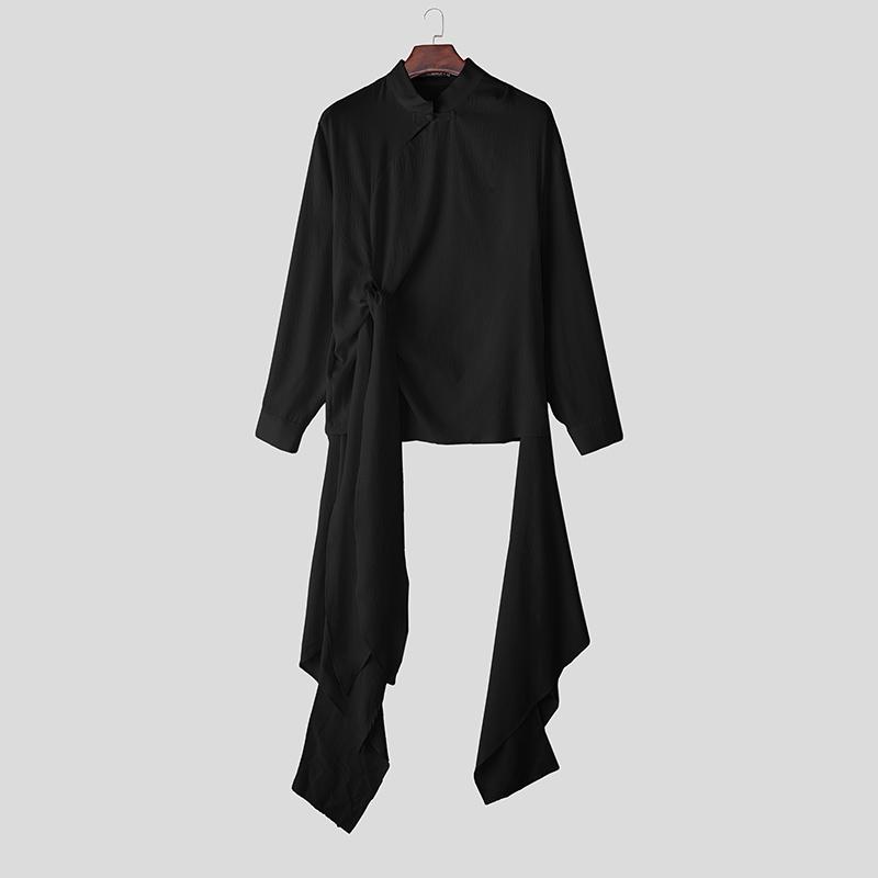 

INCERUN Мужские рубашки оверсайз с длинным рукавом, этнические пуговицы, неровный подол, скрученные топы 5XL чёрный