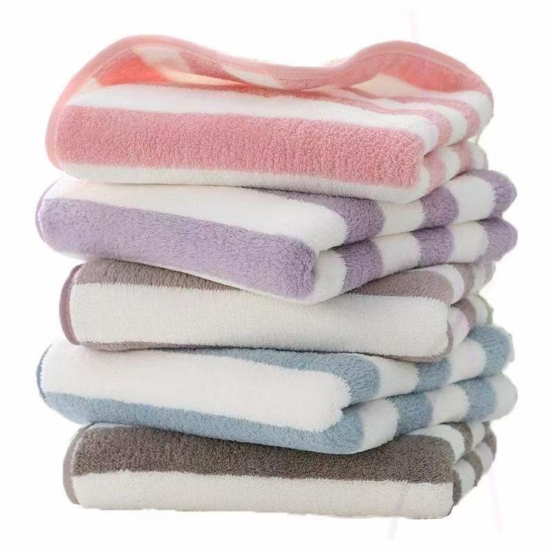 Soft Absorbent Coral Fleece Face Towel - Simple Stripe Design for Adults