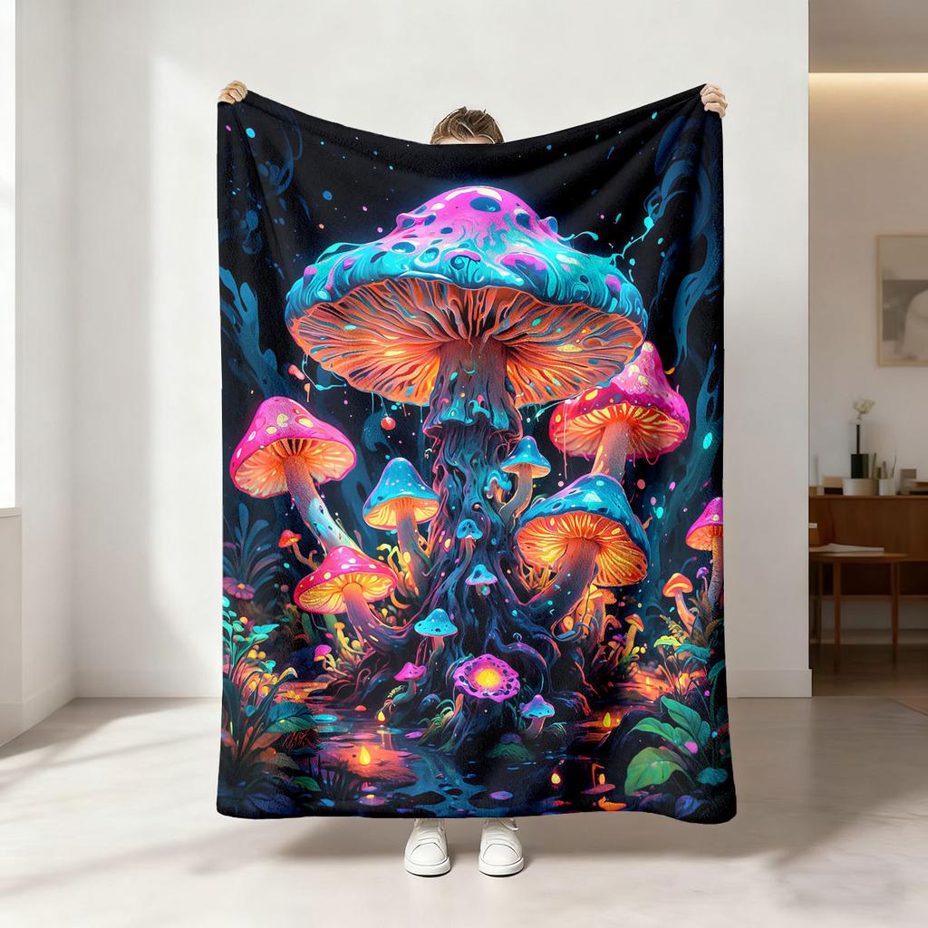 1Pc Colorful Mysterious Mushroom Printed Flannel Blanket Multiple Size Soft Casual Cover Blanket Gift Blanket, Machine Washable