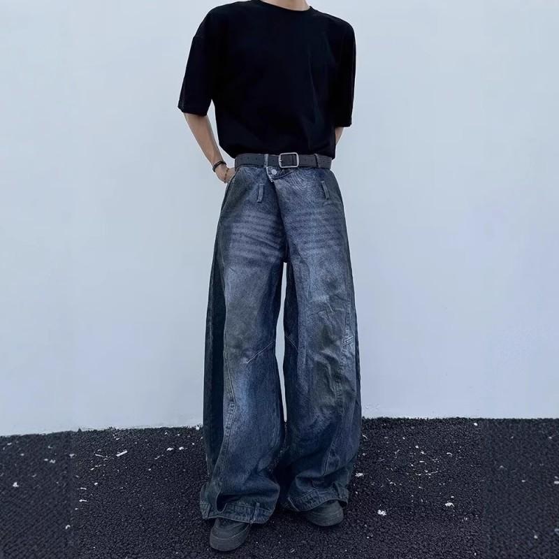 Vintage Washed Distressed Denim Pants Men Women Wide Leg Straight Cut With Reversed Waistband Design