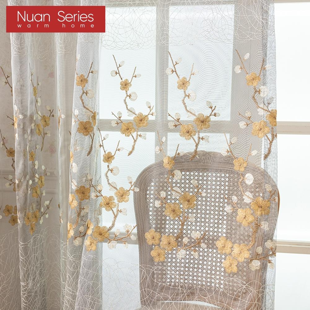 1PC Nuan Series European Retro Embroidered Sheer Curtain, Plum Blossom Pattern Transparent Curtain for Living Room Bedroom Balcony Window Home Decor