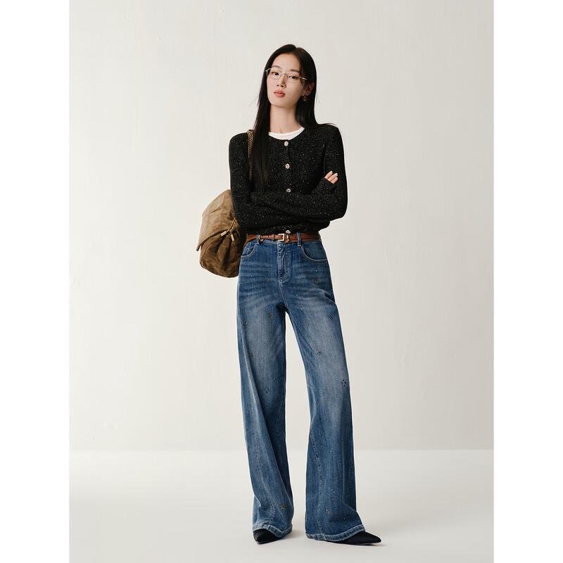 JIUZI Annaque Vintage Washed Rhinestone Straight-Leg Jeans