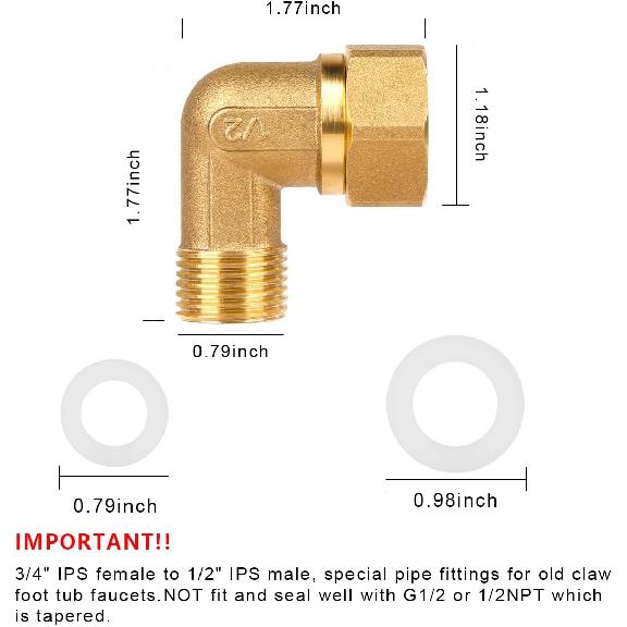 Old Clawfoot Bath Tub Mount Faucet Brass Installation Kit Elbows Adapter Connector Mount Set To Water Line, 3/4 IPS Female To 1/2 IPS Male, 2 Pack