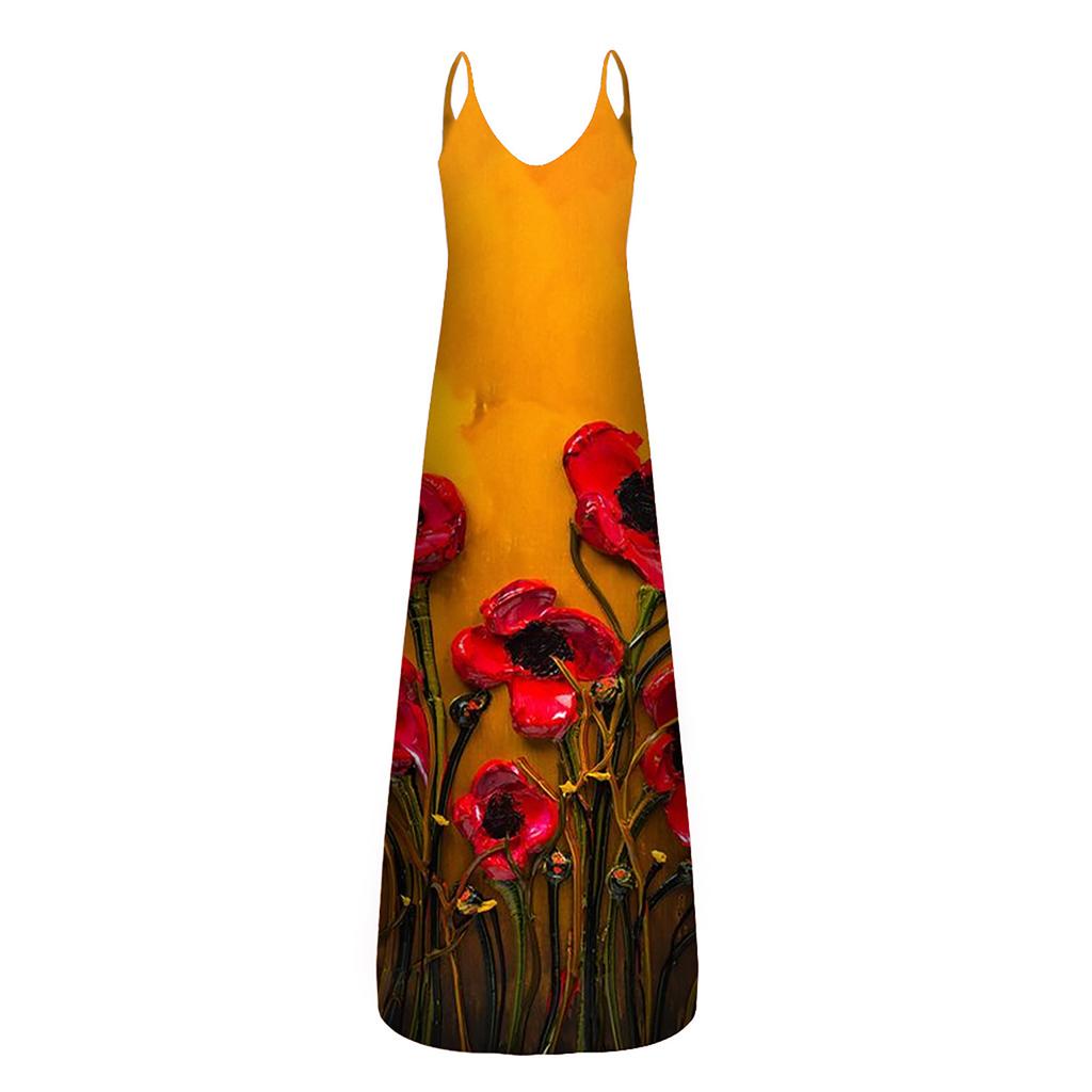 Women Summer  Sunflower Print Sleeveless Plus Size Pullover Long Dresses