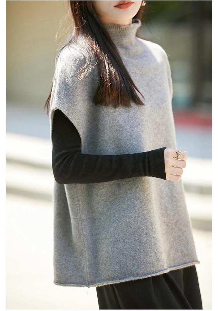Autumn/Winter Women's Wool Sleeveless Rolled Hem Vest Top with High Neck - Elegant Shawl Style Sweater
