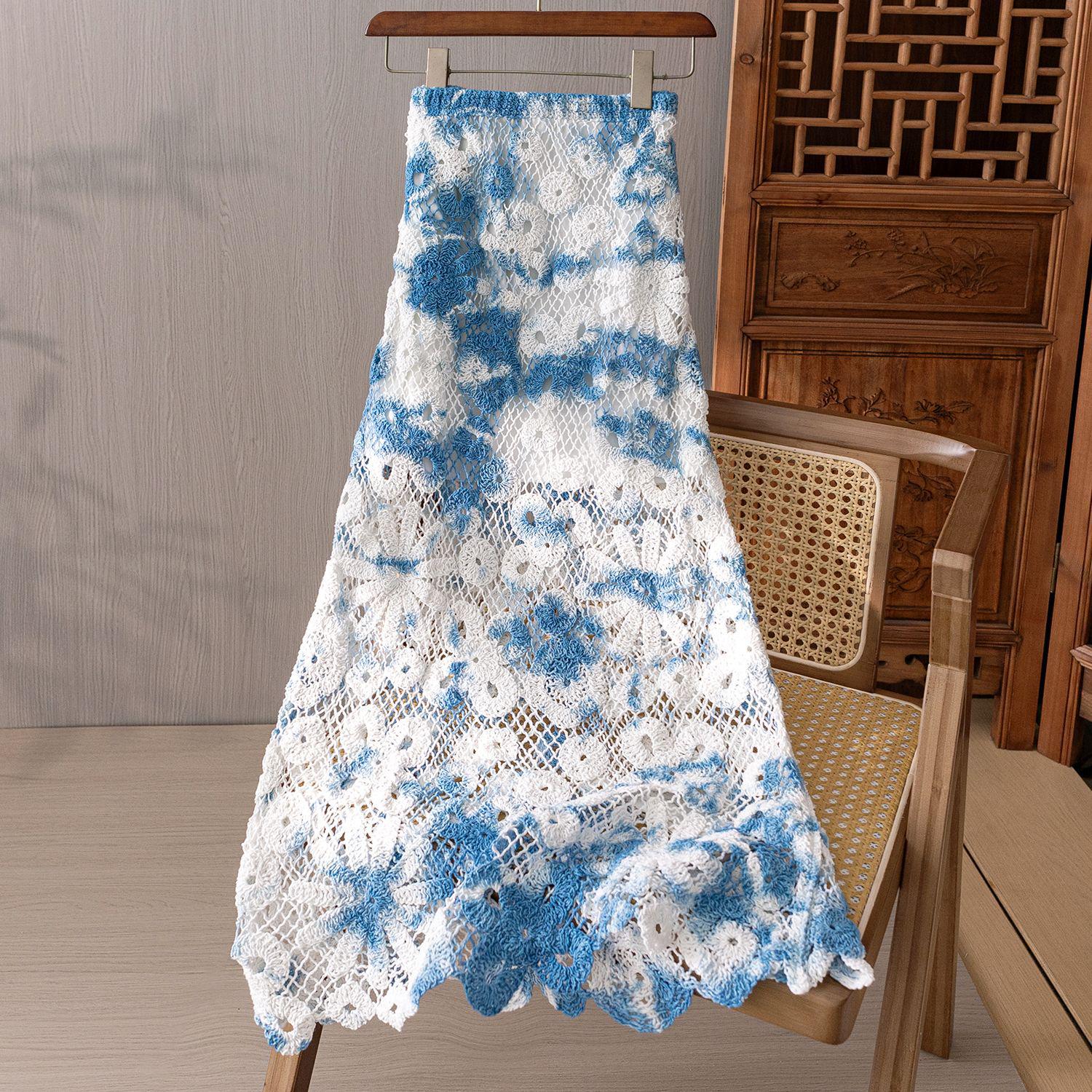 Yunnan Tie-Dye Wool Midi Skirt: Versatile, Slimming, Hollow Design, New Age-Reducing, Woven Flower Blue Skirt One Size