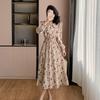 Korean Ruffle Print Chiffon Dress with Puff Sleeves