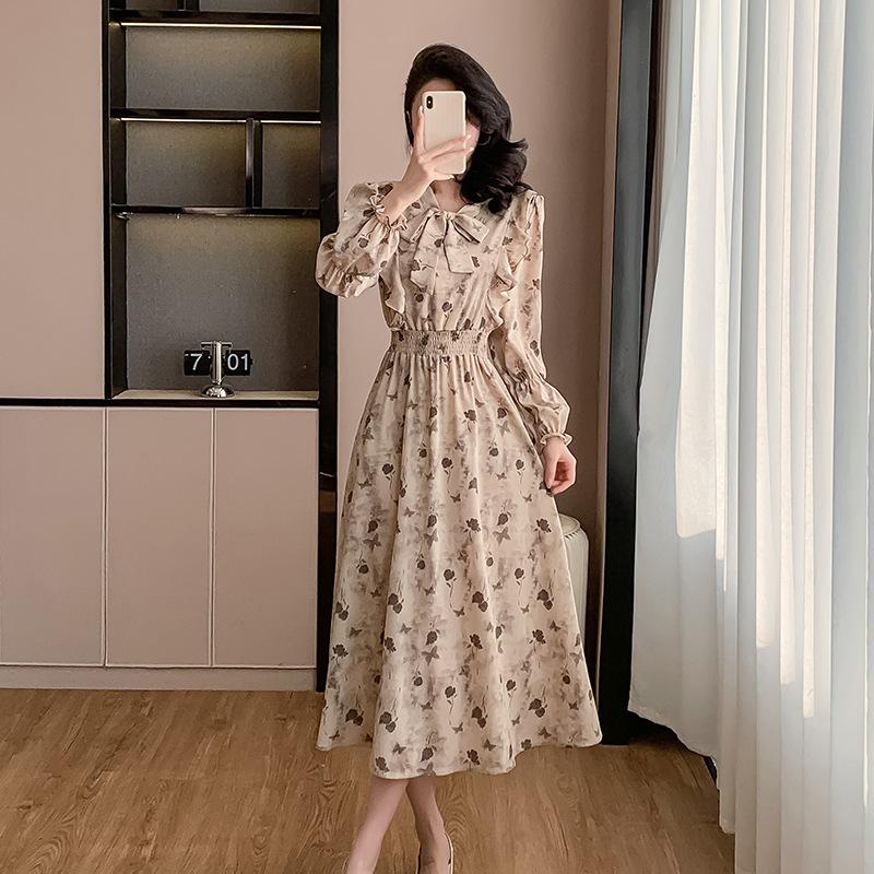 Korean Ruffle Print Chiffon Dress with Puff Sleeves