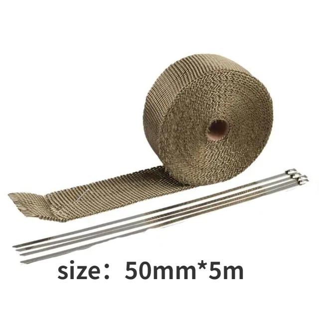50mm*5M Roll Fiberglass Shield Motorcycle Exhaust Thermal Tape Header Pipe Heat Wrap Tape Thermal Protection with Stainless Ties 50mm X 5M