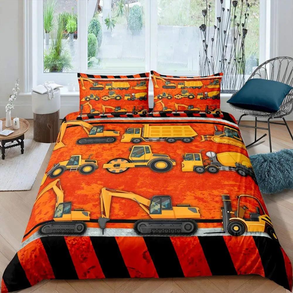 Truck Excavator King Queen Duvet Cover Yellow Tractor Bedding Set For Kids Boys Girls Cartoon Car Transporter 2/3Pcs Quilt Cover