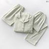 Pajamas top bottom thin Muji spring summer womens check pattern cotton gauze lightweight loose short sleeve shorts long pants 3-piece set
