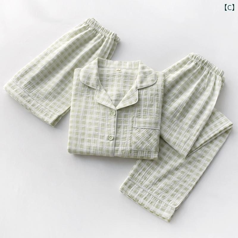 Pajamas top bottom thin Muji spring summer womens check pattern cotton gauze lightweight loose short sleeve shorts long pants 3-piece set