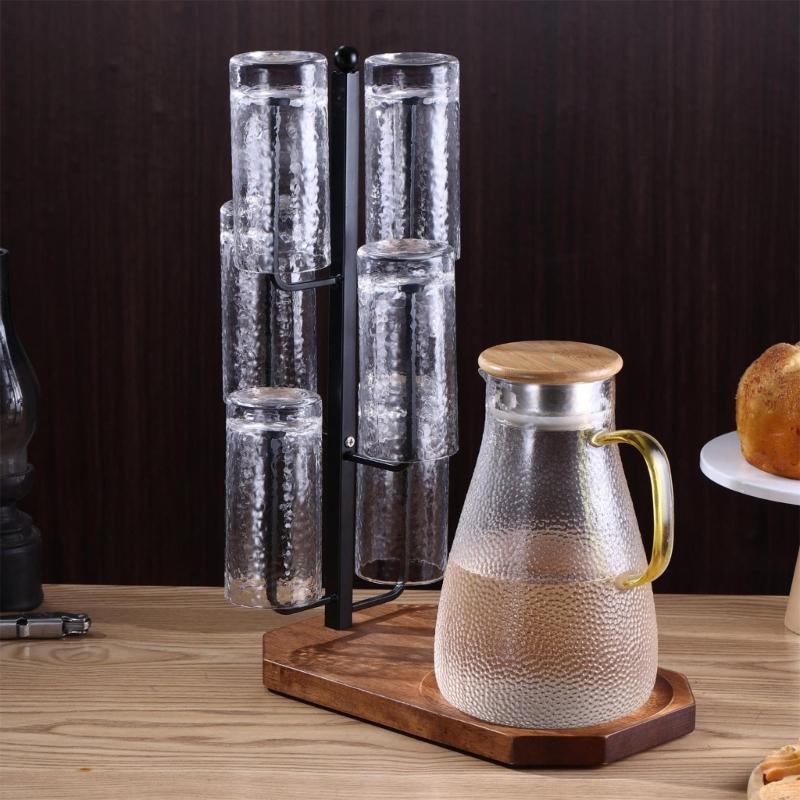 Sturdy Metal Wood Cup Holder Coffee Mug Rack with 6 Hooks and Wooden Tray Counter Display Stand for Kitchen Accessories