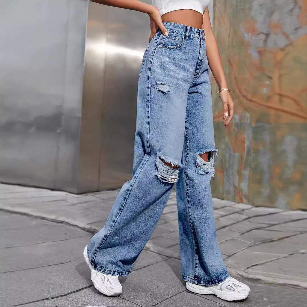Women's Fashion Ripped High Waist Wide Leg Casual Jeans Classic Women's Casual Denim Pants, Relaxed Wide-leg Silhouette with Durable Fabric,