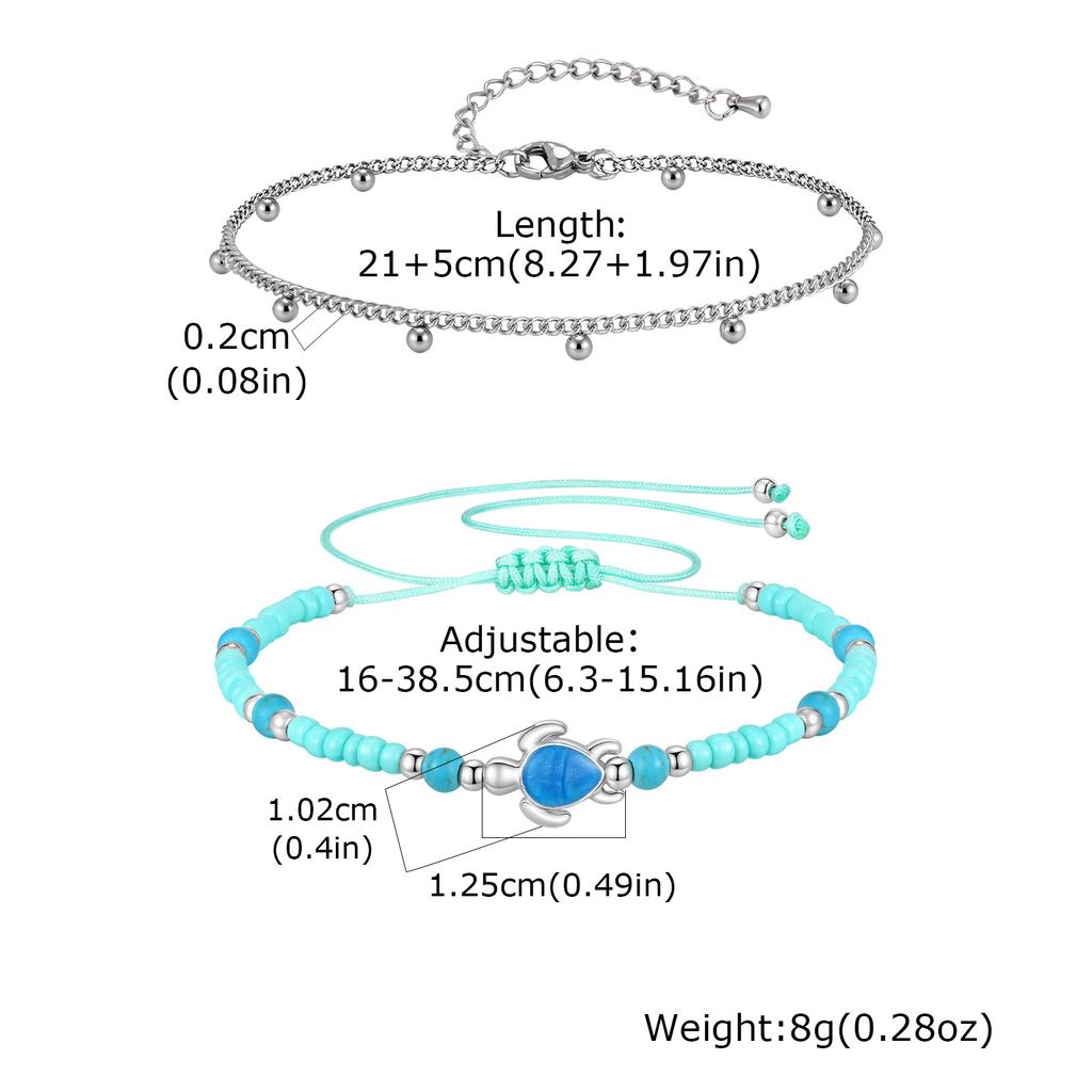 Anklet Set Stainless Steel Layered Satellite Chain Turquoise Beads Non-tarnish Waterproof Beach Jewelry