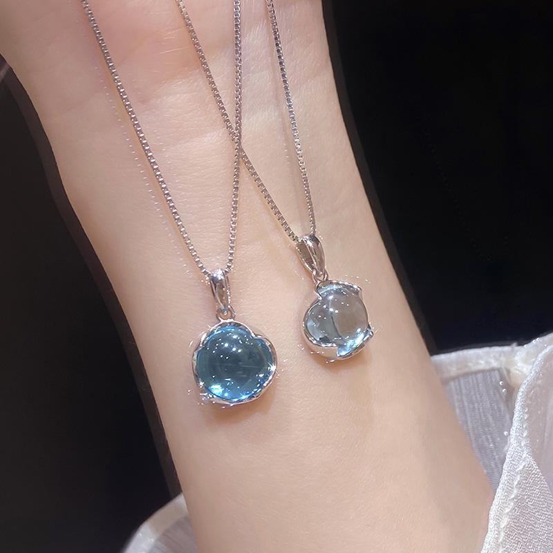 S925 Sterling Silver Aquamarine Necklace - Light Luxury Korean-Style with Sweet Temperament Clavicle Chain for Women