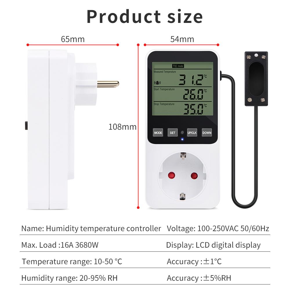 Digital Temperature Humidity Controller LCD Display Thermostat Timer Socket  Heating Cooling Alarm With Temperature Sensor