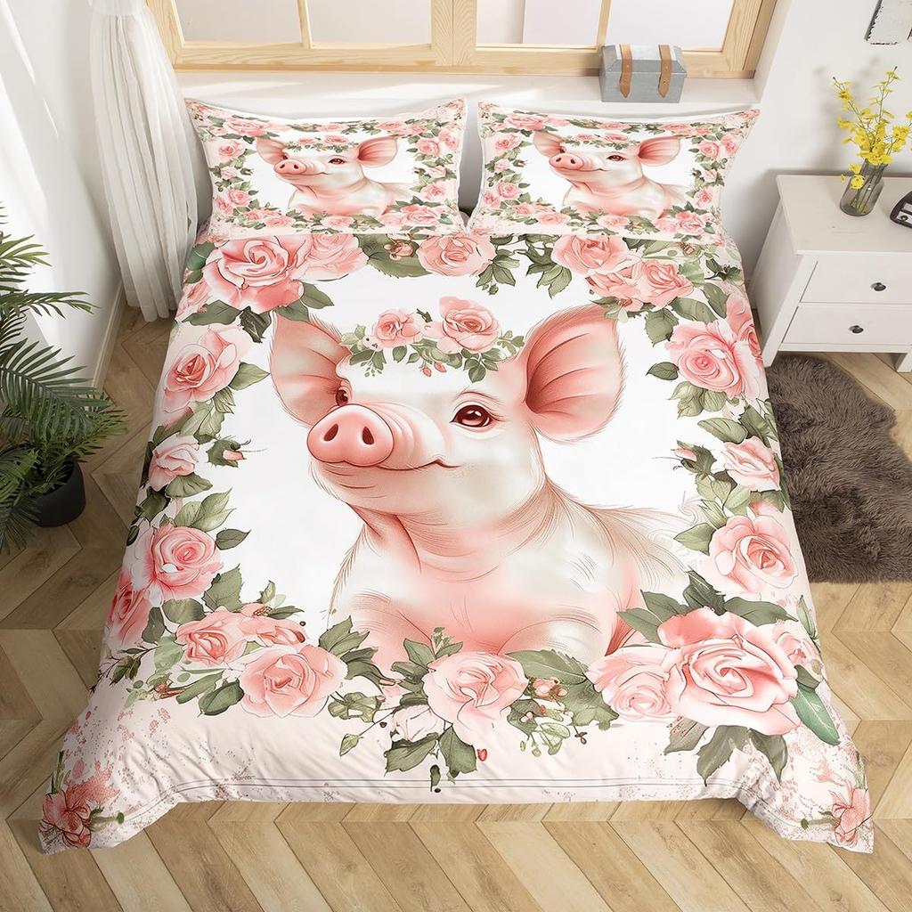 Rozā cūciņas gultas veļas komplekts King Queen Guļošas cūciņas segas pārvalks bērniem, zēniem, meitenēm, Kawaii dzīvnieku segas pārvalks ar 2 spilvendrānām