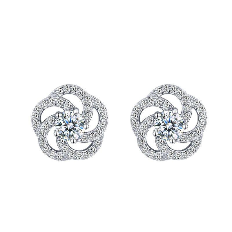 18K Silver Plated Rotating Rose Flower Zircon Stud Earrings