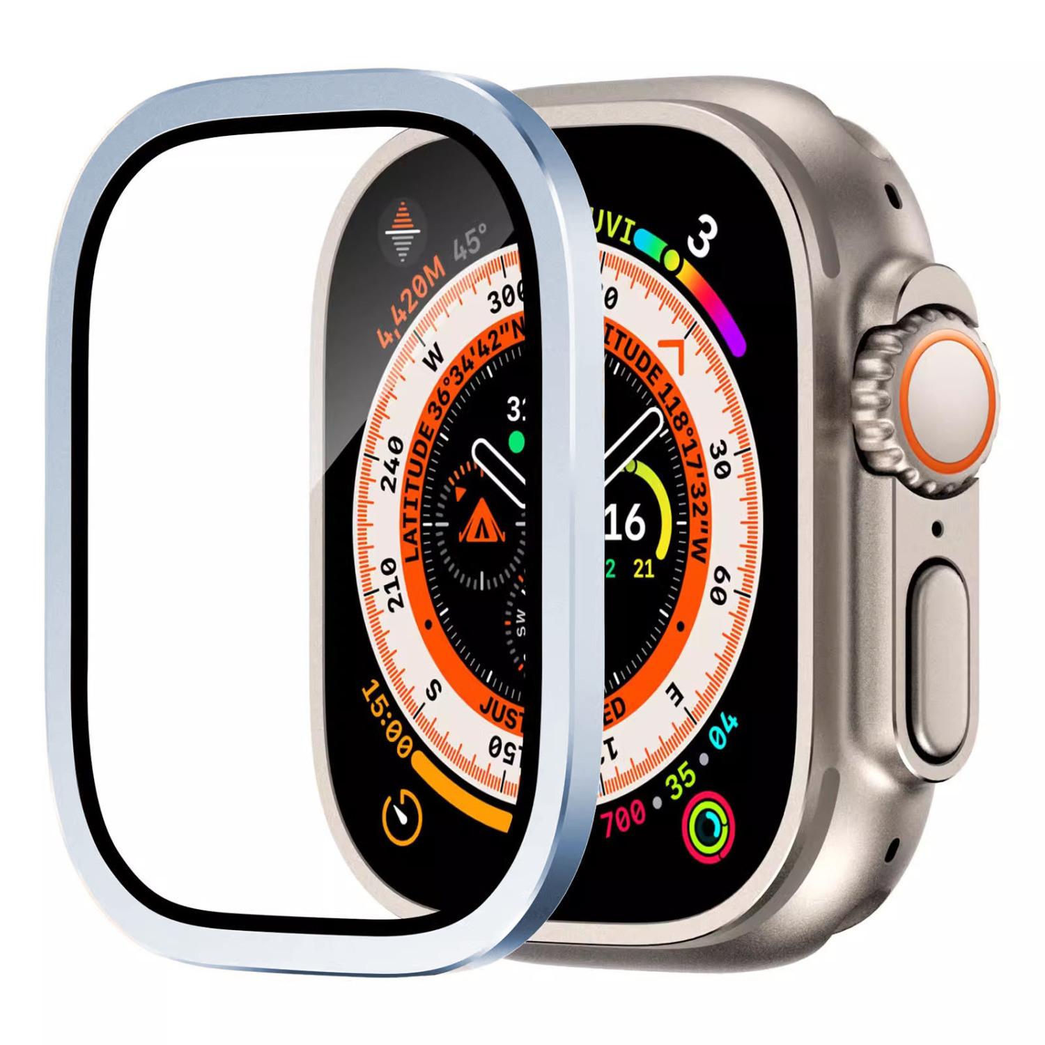 

Загартоване скло для Apple Watch Ultra 2 49 мм захисне покриття для екрана з металевою рамкою, захист від подряпин для серії IWatch Ultra 49 мм, аксесуари 2 в 1 For Ultra 2 49mm світло-синій колір