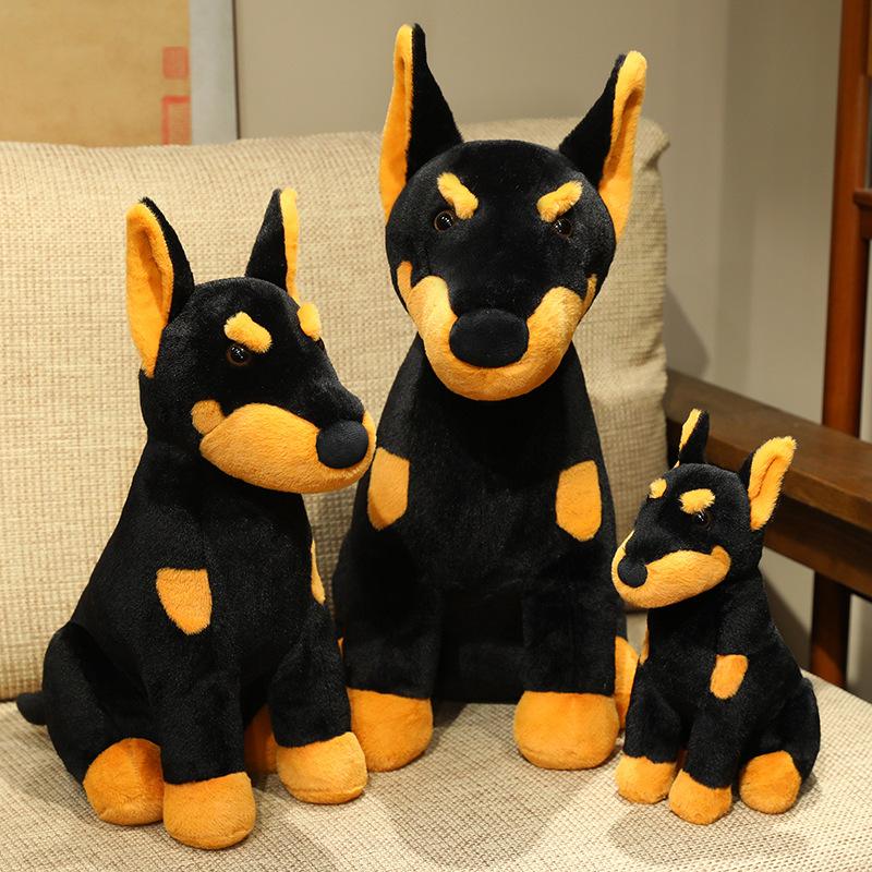 Favorite Toy Unisex Black 3 Sizes Mighty Doberman Plush Toys Stuffed Lifelike Sitting Pose Doberman Dog Doll Soft Cuddly Pet Puppy Super Cool Home Decor