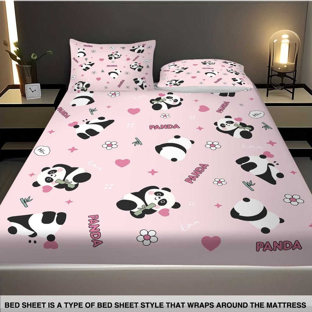 3pcs Cartoon Panda Pink Printed Coreless Bed Sheet Set, Multi Size Comfortable Bed Cover, Bedroom Bedding Decoration