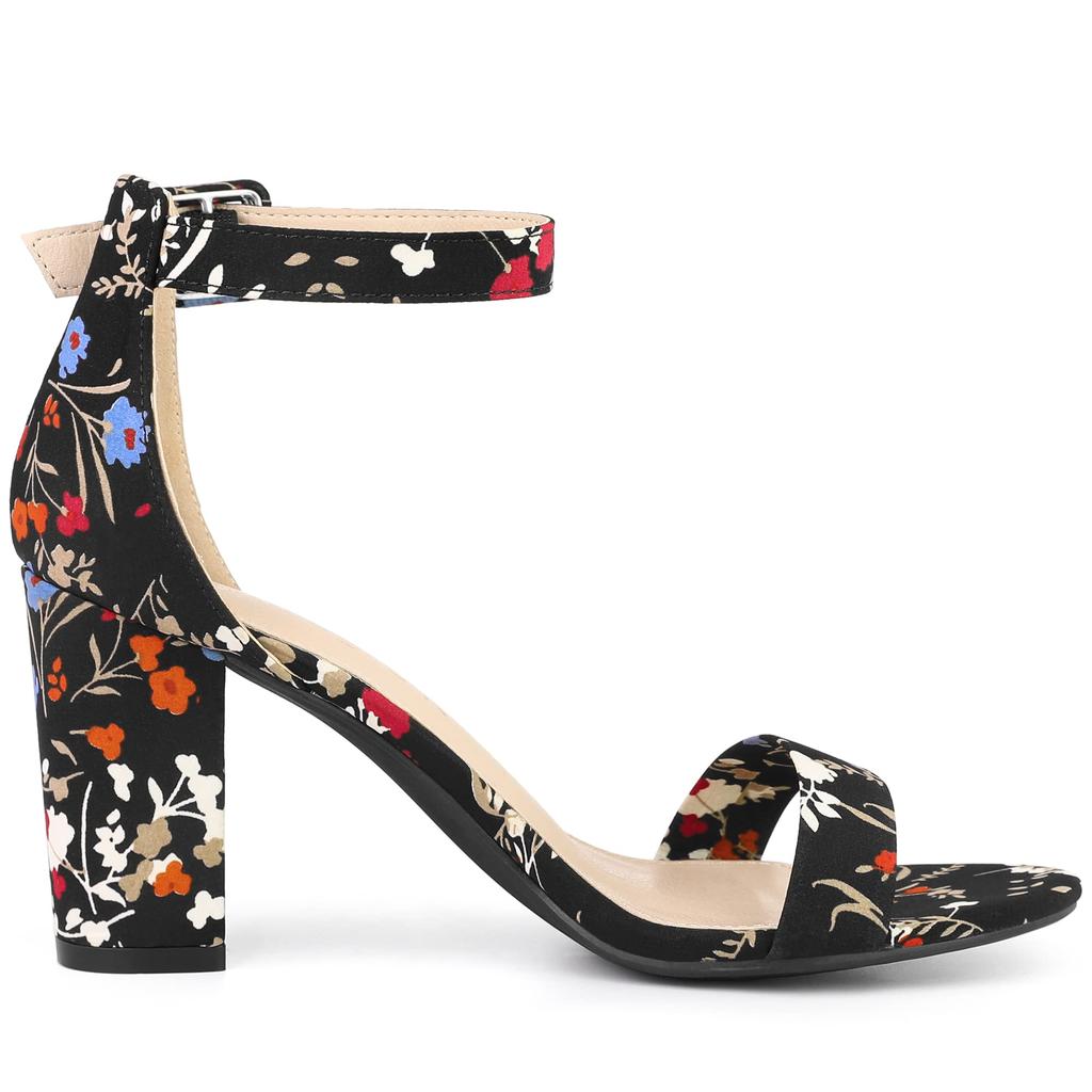 Allegra K Women's Open-Toe Ankle Strap Sandals with Chunky Heels, Black Flowers, Size 26.0cm