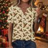 Women's Fashion Casual Christmas Print V-Neck Short Sleeve Button T-Shirt Top for Holiday and Everyday Wear