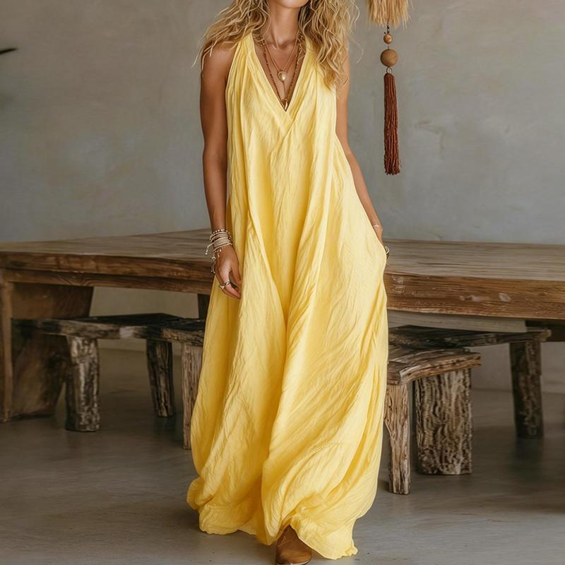Damen Sommer Locker Ärmellos Schickes Maxikleid, Einfarbig Patchwork Elegantes Partykleid Lässig Einfach V-Ausschnitt Damenkleider