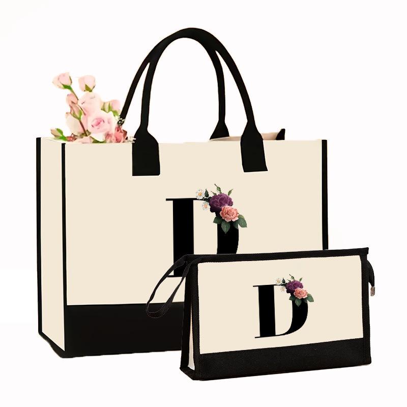 Canvas Shoulder Bag Makeup Set with Color Block Print & Portable Zipper Clutch